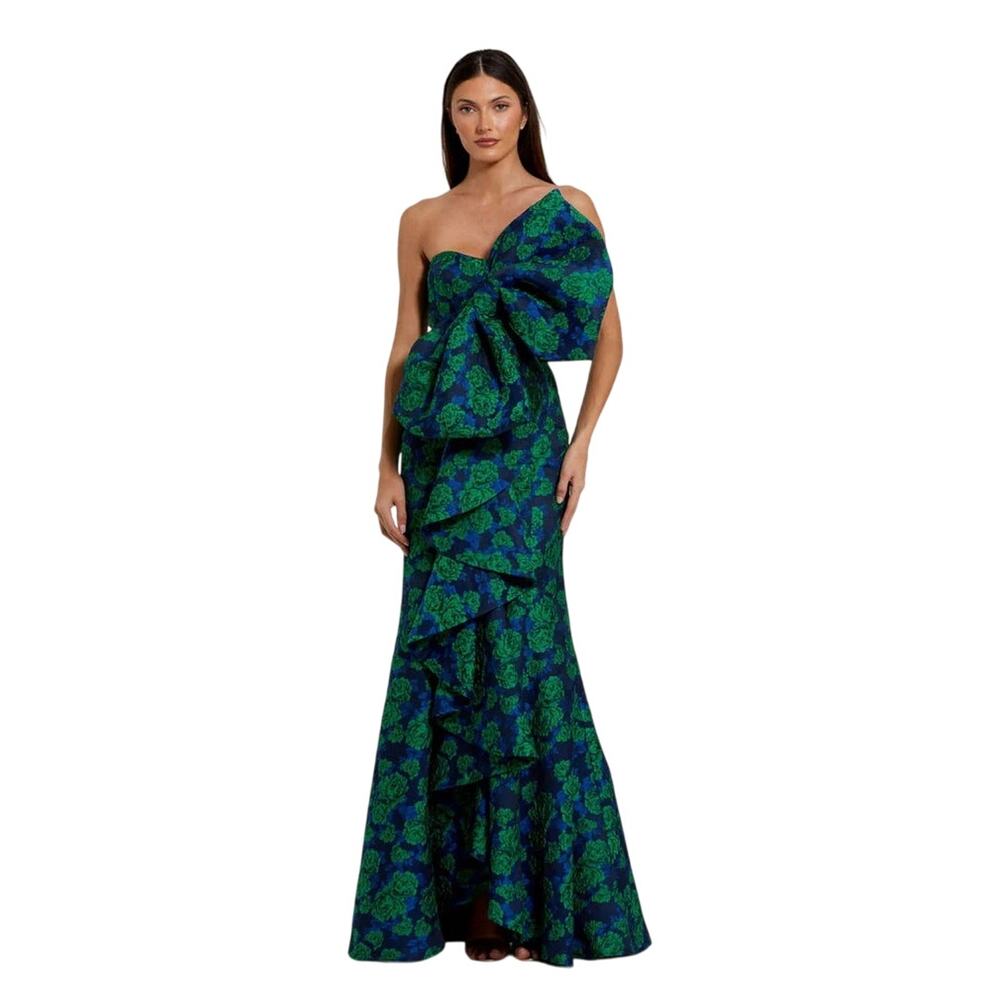 Mac Duggal NWT Front Bow Ruffle Brocade Dress in Blue and Green Size 2